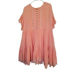 Free People Embroidered Boho Tiered Dress Small - Peach/Coral Festival Peasant